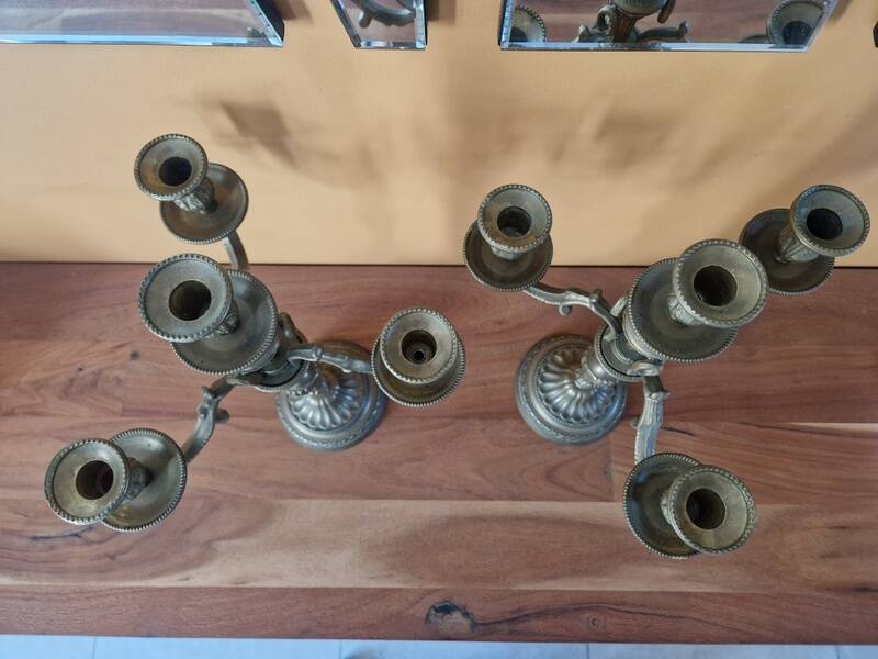 Pair of gilded bronze and brass candelabra with 4 light arms.
