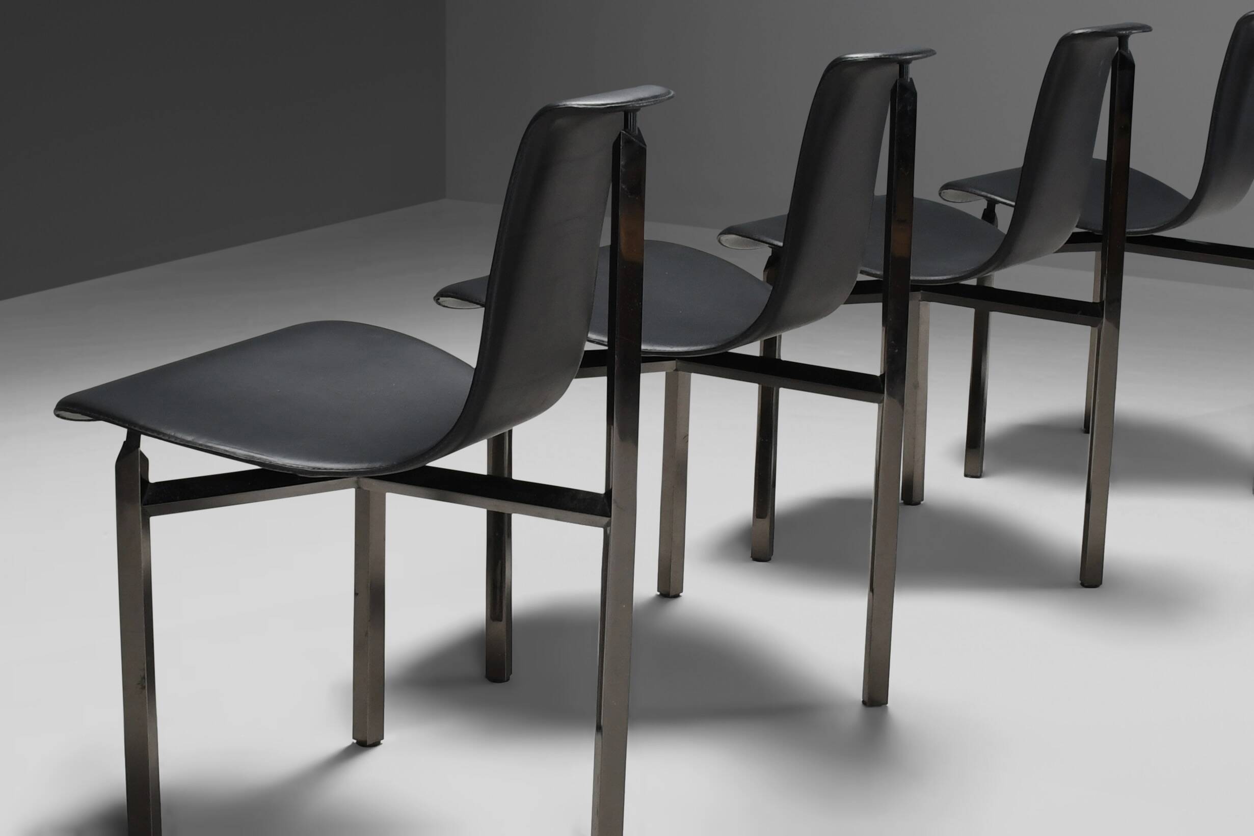 Leather Three-Legged Chairs with Chrome Finishes, Italy, 1970s