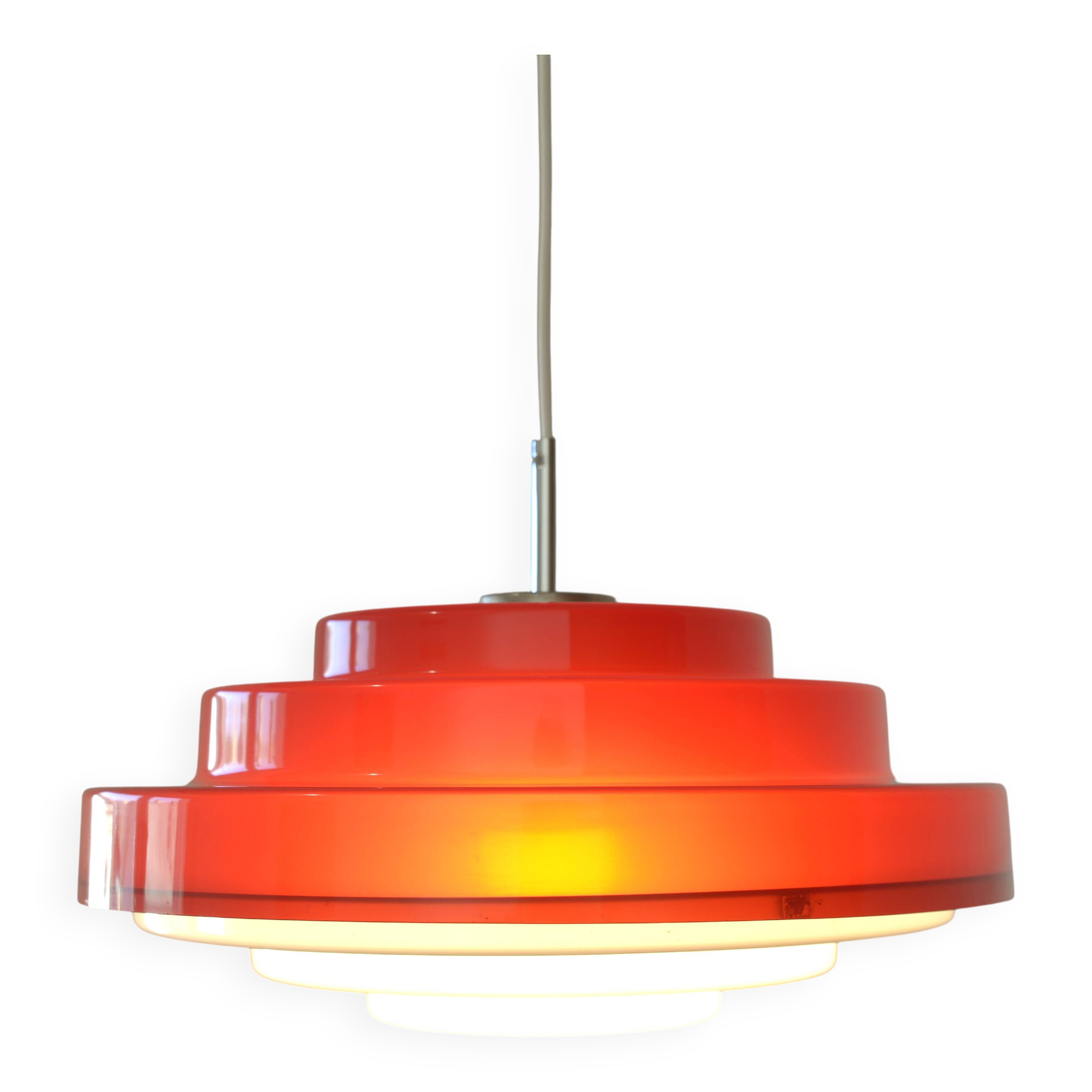Vintage Scandinavian Design Hanging Lamp / Red Plastic Pendant Light 1970's