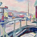 Swedish Mid-Century Oil On Canvas Painting "Harbour" by Lasse Wagner