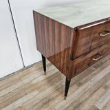 Vintage six-drawer mahogany burl dresser with glass top