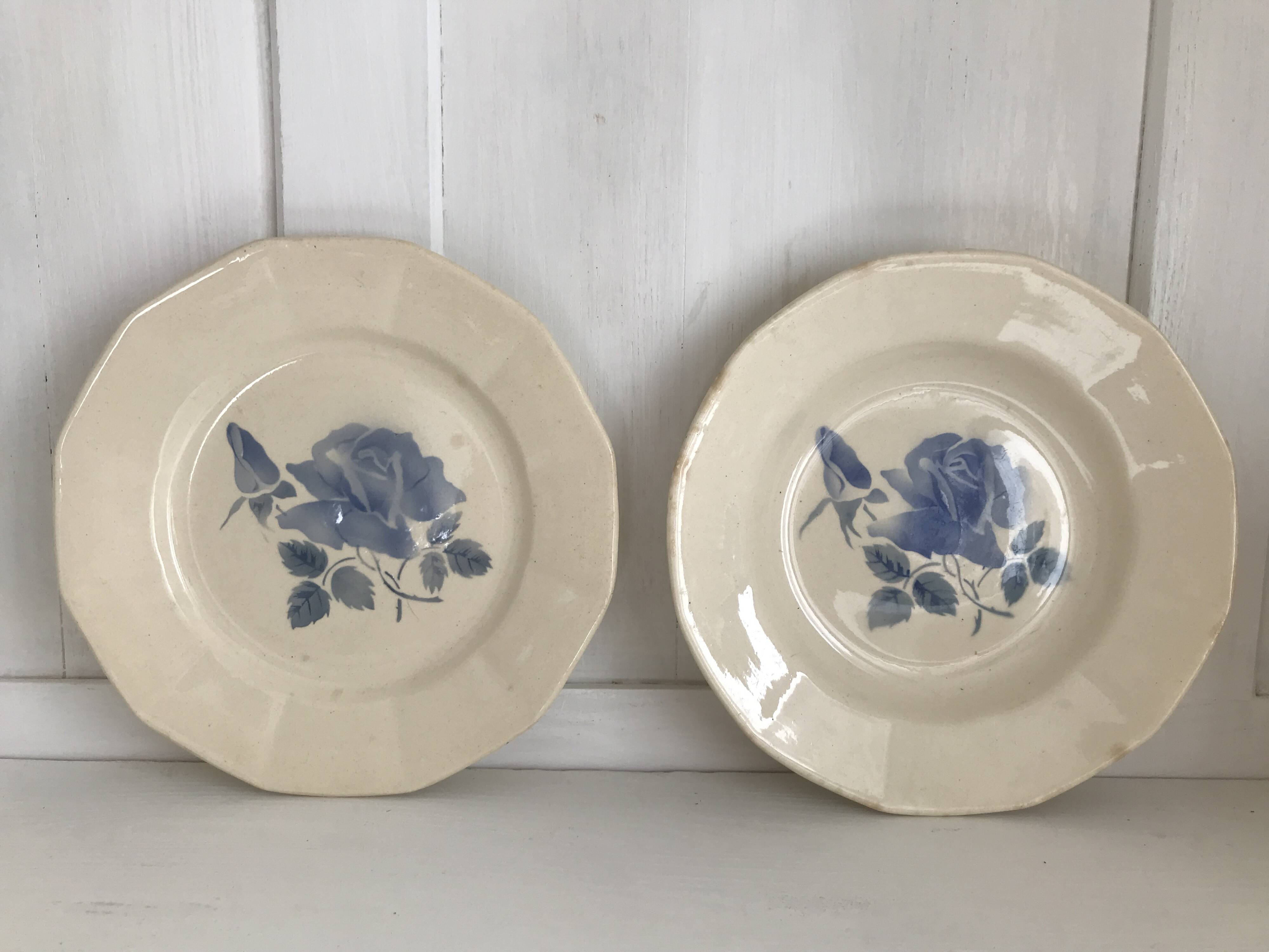 Set of 11 Digoin flat plates, blue rose patterns