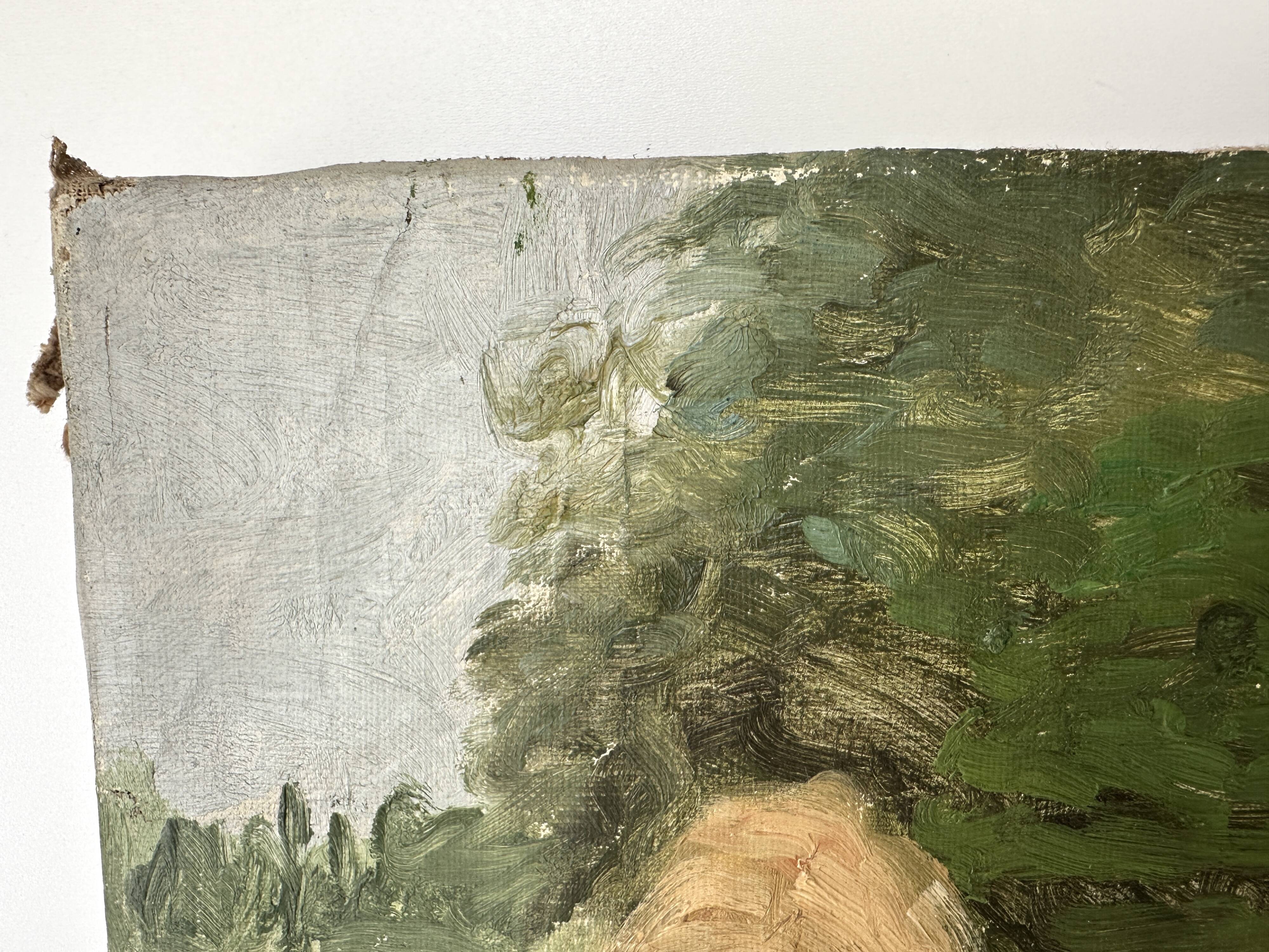 Old oil painting on canvas "The Haystacks" dated 1902.