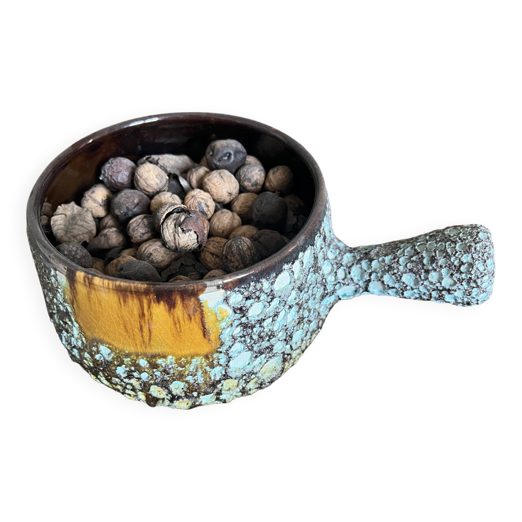 Vallauris ceramic pan – turquoise lava enamel – 1950s/1960s