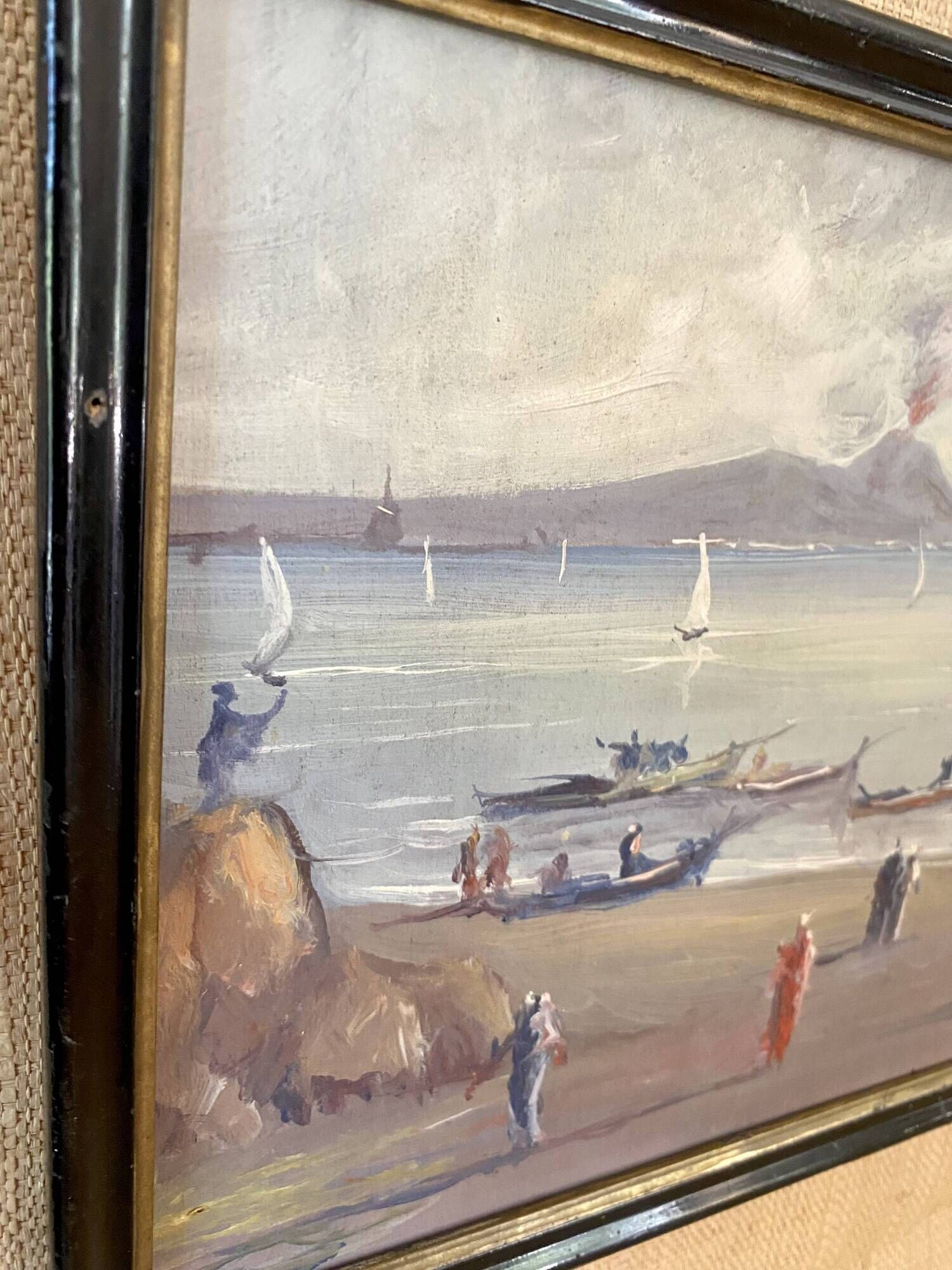 Oil painting "Fishermen of Sicily" 1960, Napoleon III frame