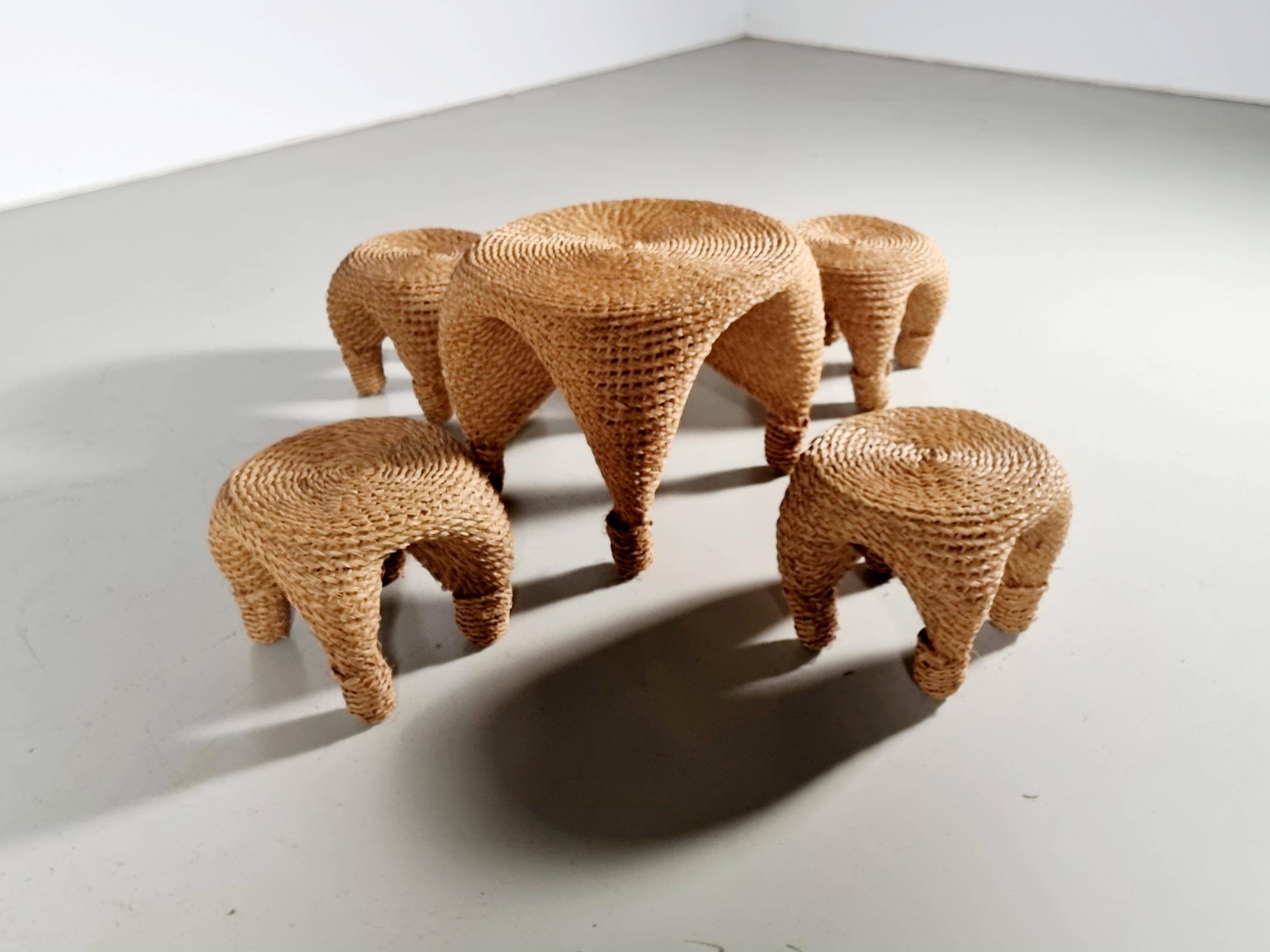 Wicker and pine needle table and stools, France, 1980s