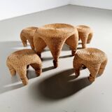 Wicker and pine needle table and stools, France, 1980s