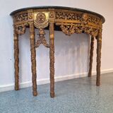 French baroque half-moon wall console with marble and six legs.