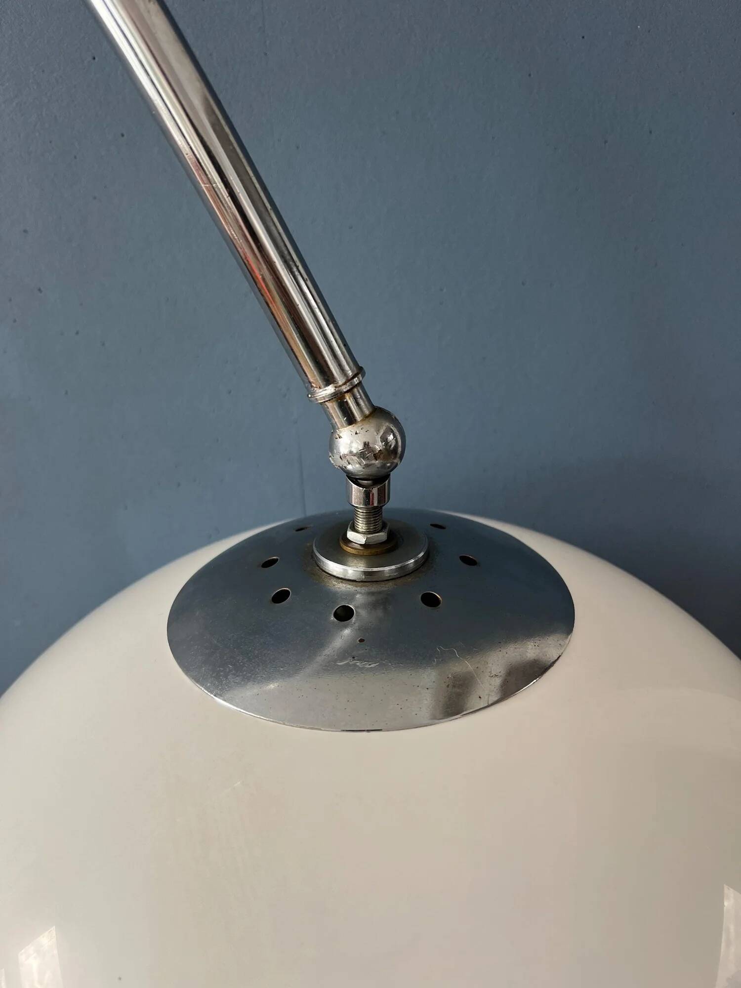 Vintage Guzzini Space Age arc floor lamp with white mushroom shade and marble base