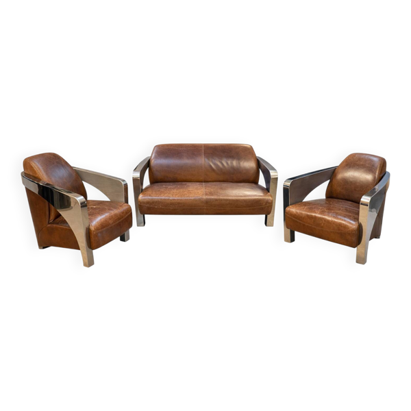 Lot de 3 éléments Stacyville, cuir et inox, 2 fauteuils et un sofa