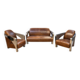 Set of 3 Stacyville items, leather and stainless steel, 2 armchairs and a sofa.