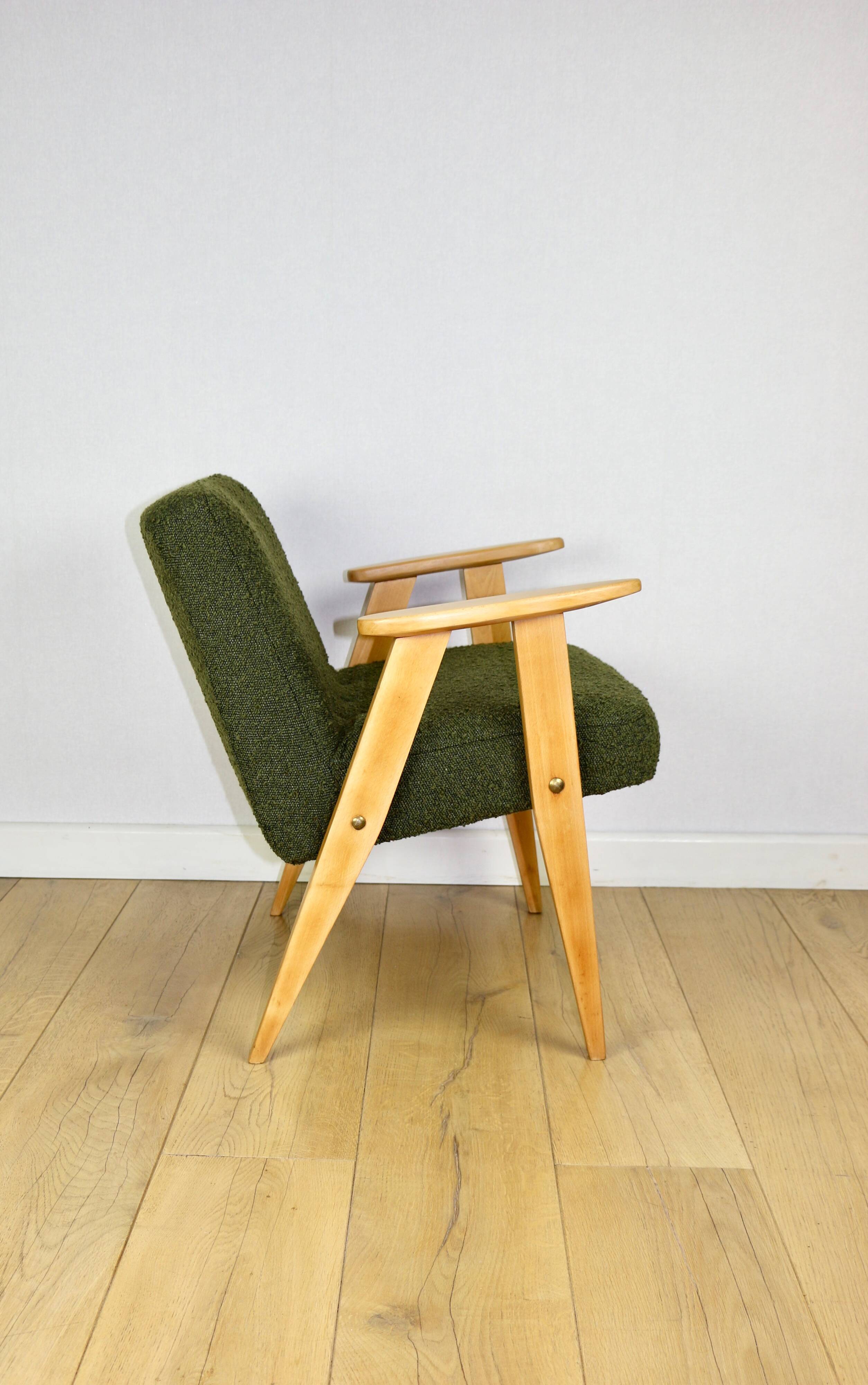 Chierowski 366 armchair, 1970s, olive green vintage boucle - light wood