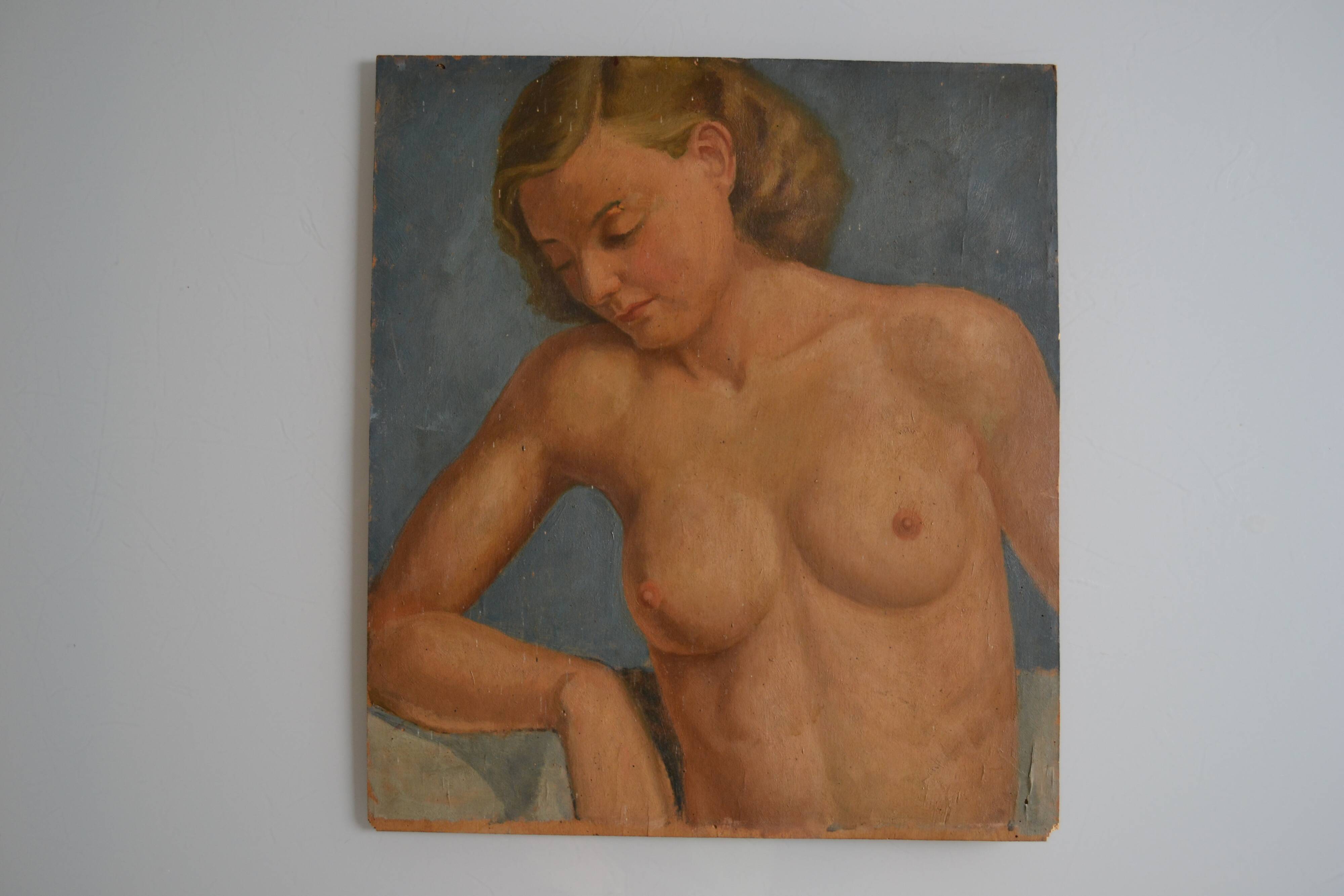 Old painting portrait nude woman oil on panel