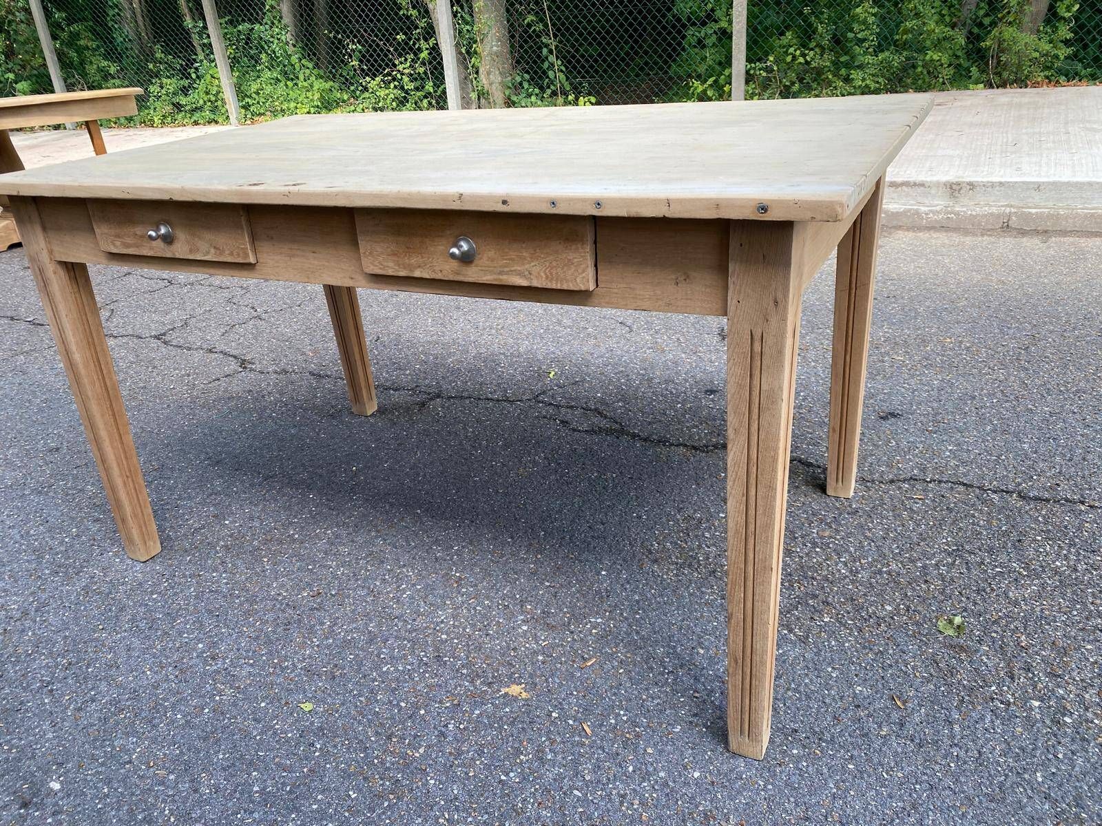 Renovated farmhouse table in raw solid wood with 2 drawers, 1920, 140x80cm.