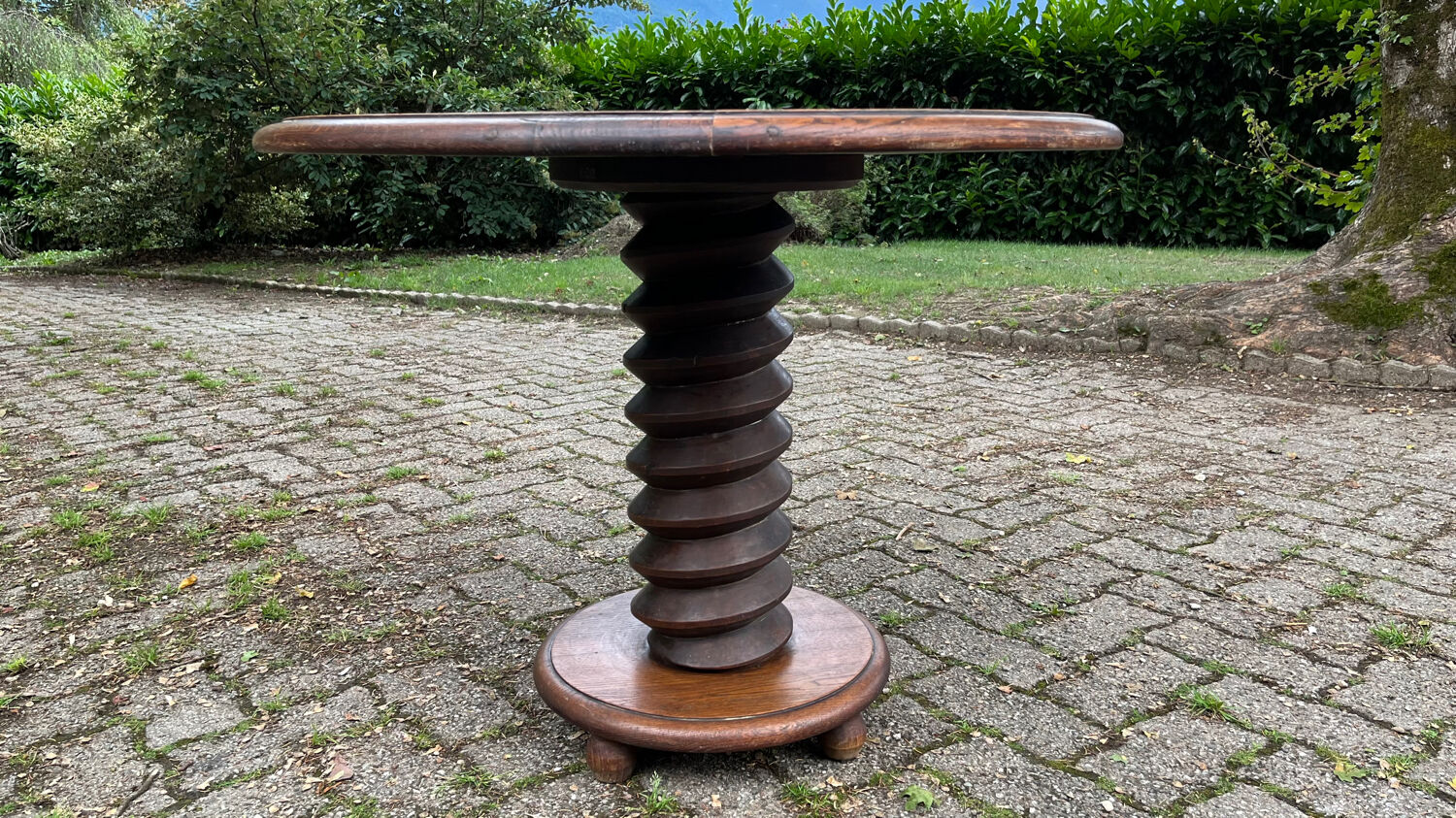 Pedestal table oak screw vintage press