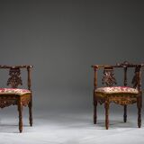 19th century Italian Renaissance style carved walnut corner chairs, set of 2