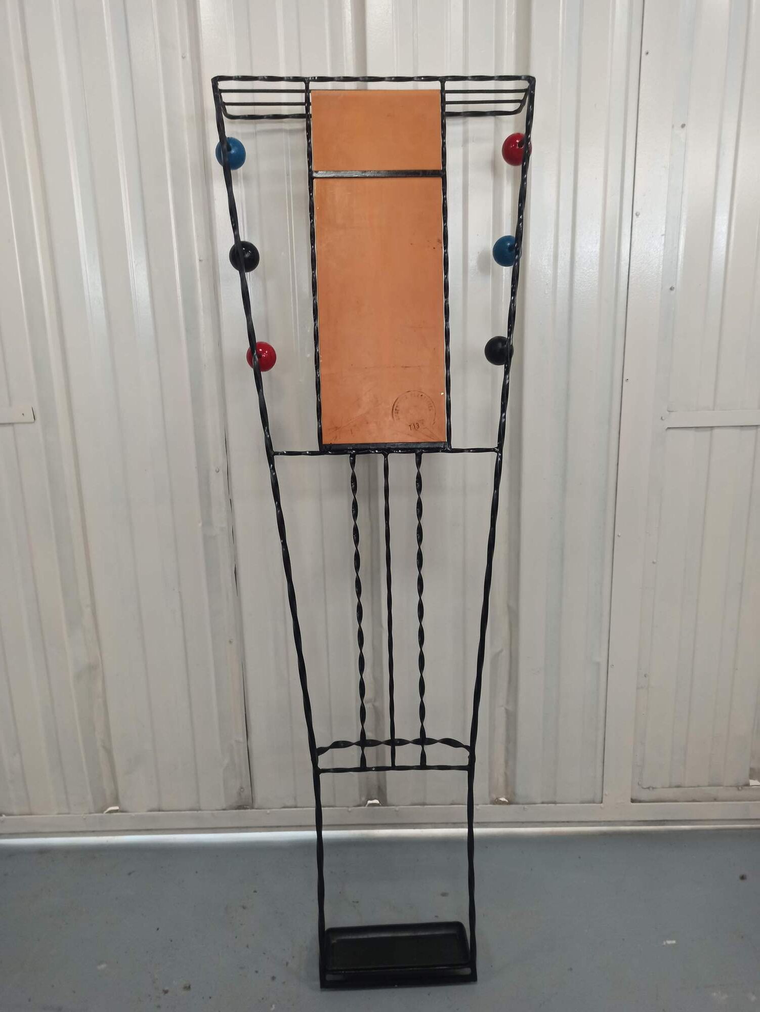 Iron cloakroom wall-mounted port multicolored balls mirror door umbrellas hats circa 50