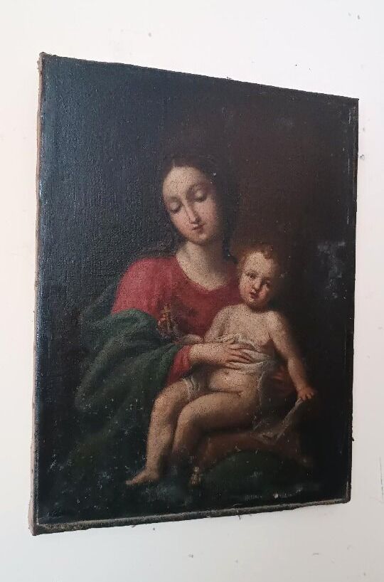Old painting, oil on canvas, Virgin with Child