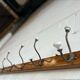 Vintage industrial wooden coat rack with porcelain hooks