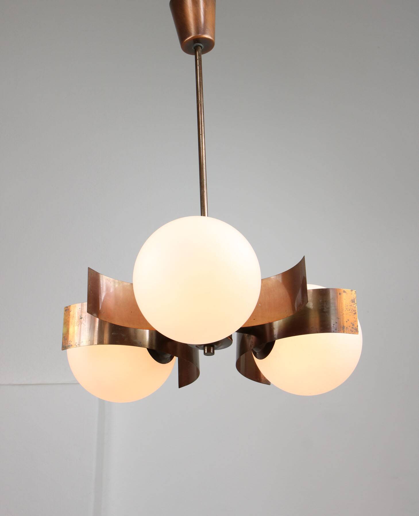 Vintage Italian Copper & Opaline Glass Chandelier