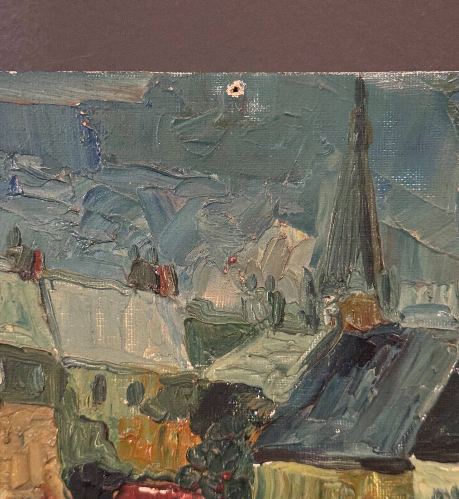 Oil on cardboard by Gérard Guéguéniat 1956 representing a village
