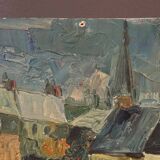 Oil on cardboard by Gérard Guéguéniat 1956 representing a village