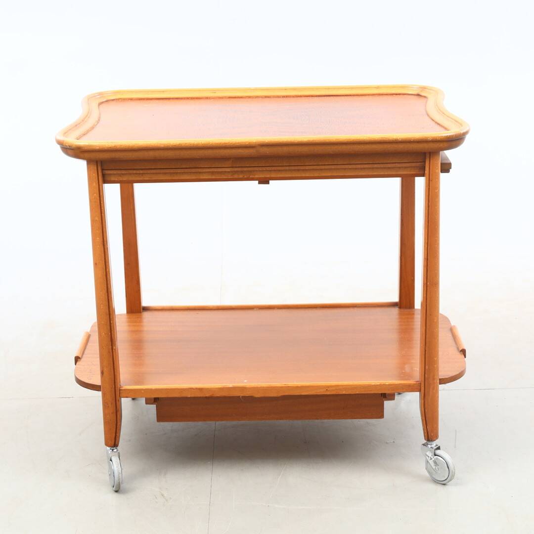 Vintage wooden and glass serving table with wheels, removable top, 1960s Sweden