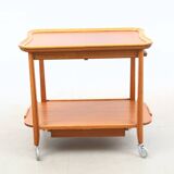 Vintage wooden and glass serving table with wheels, removable top, 1960s Sweden