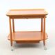 Vintage wooden and glass serving table with wheels, removable top, 1960s Sweden