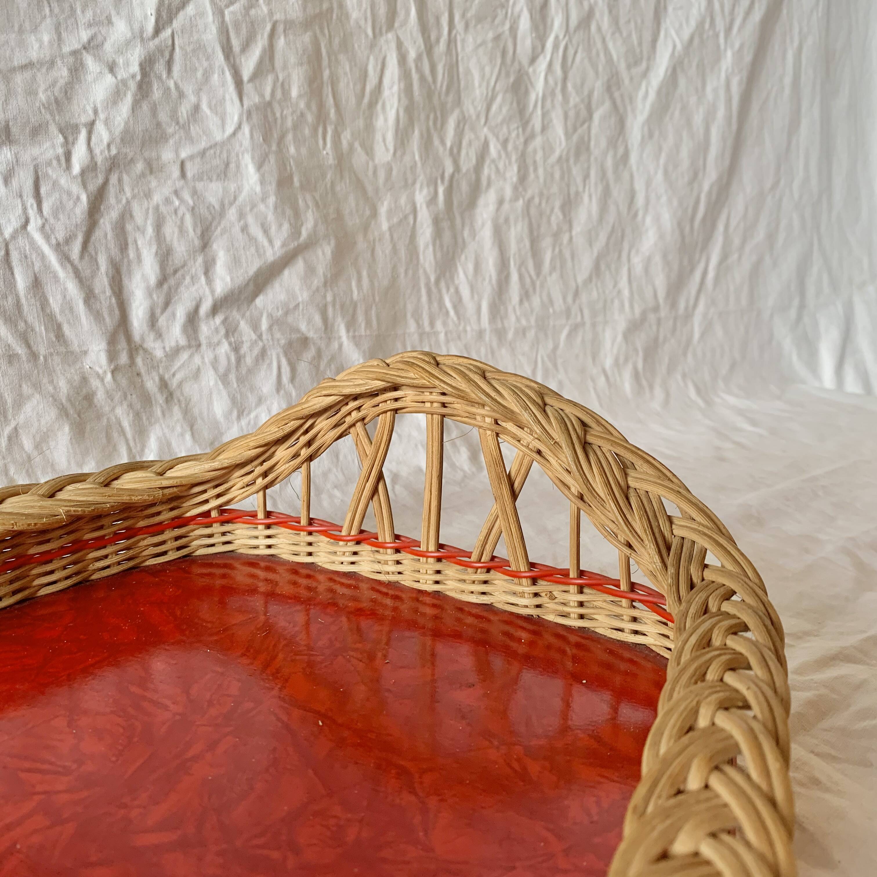 Vintage rattan tray, red Formica and scoubidou