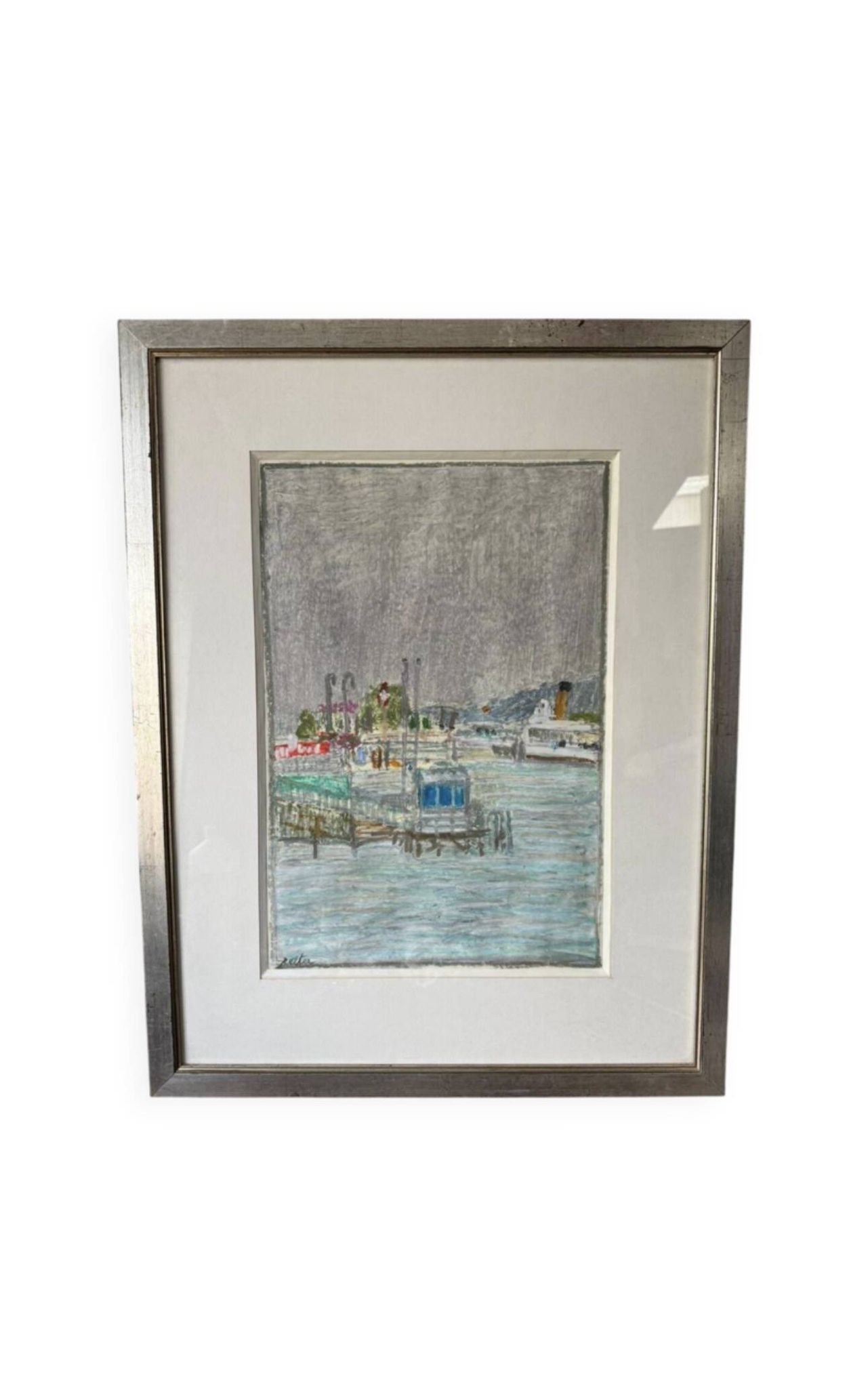 Tableau Marine. Original pastel signed by Henri Reiter. Port Normandie.