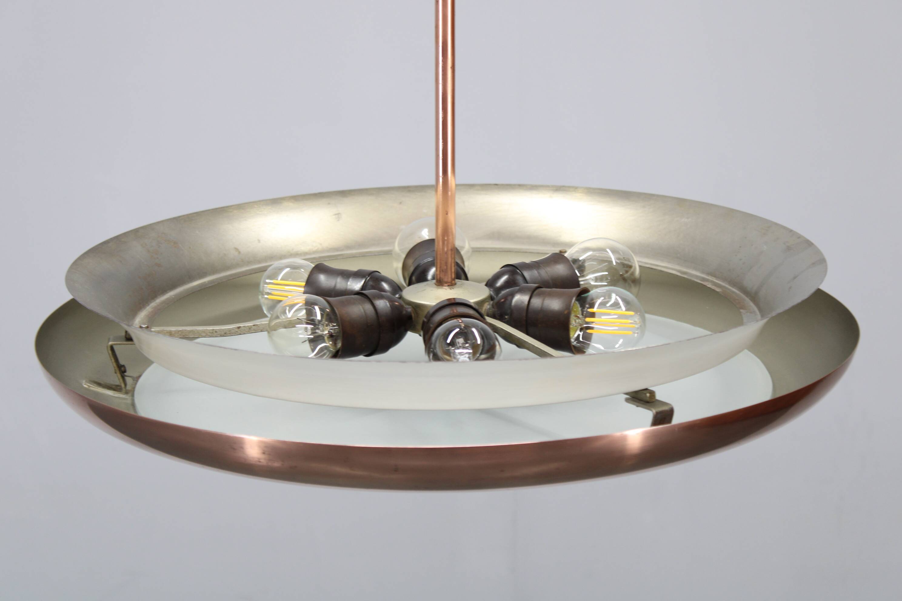 1930s "ufo" chandelier in copper finish by josef hurka, czechoslova