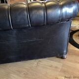 Canapé Chesterfield en cuir noir véritable 3 places