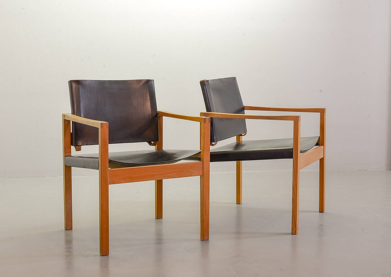 Brutalist Nordic Scandinavian Solid Oakwood and Black Leather Armchairs 60s