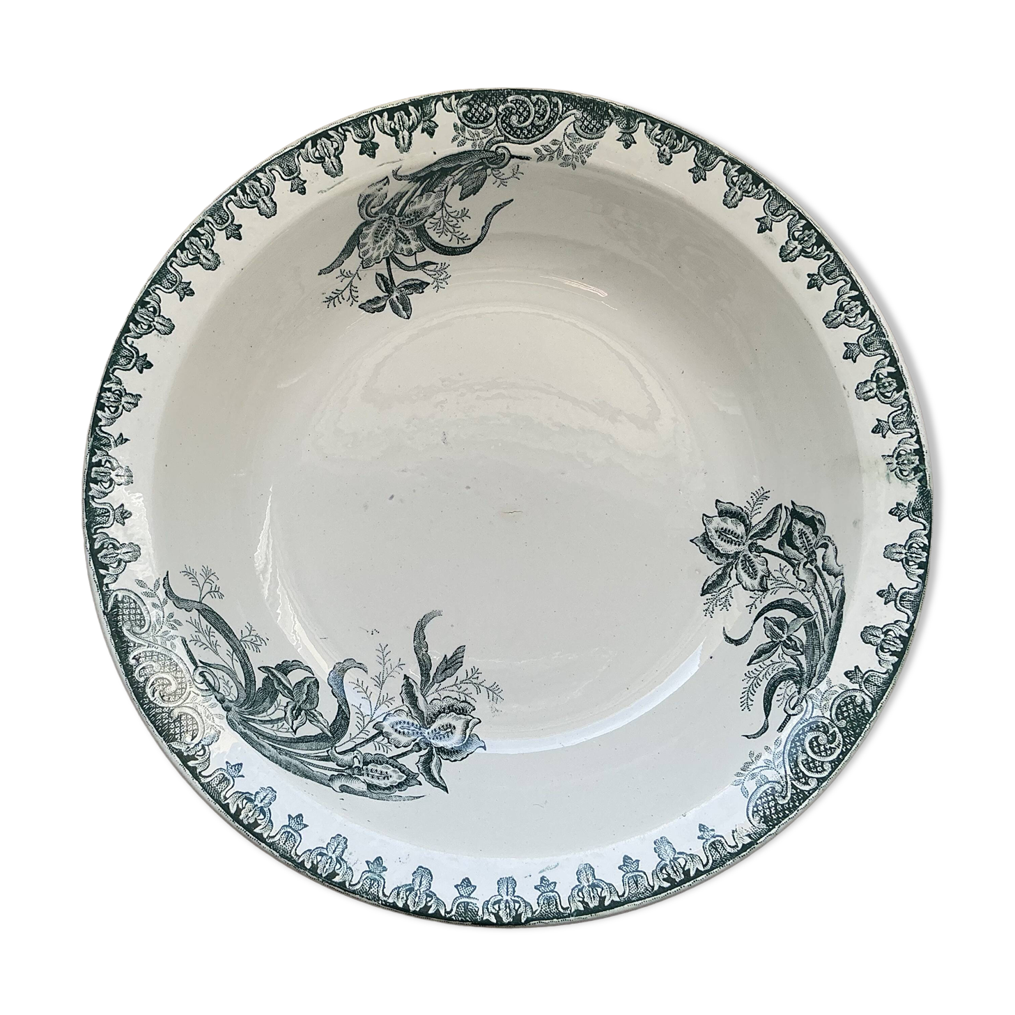 Old hollow dish, Ironstone, green floral decoration, 28 cm.