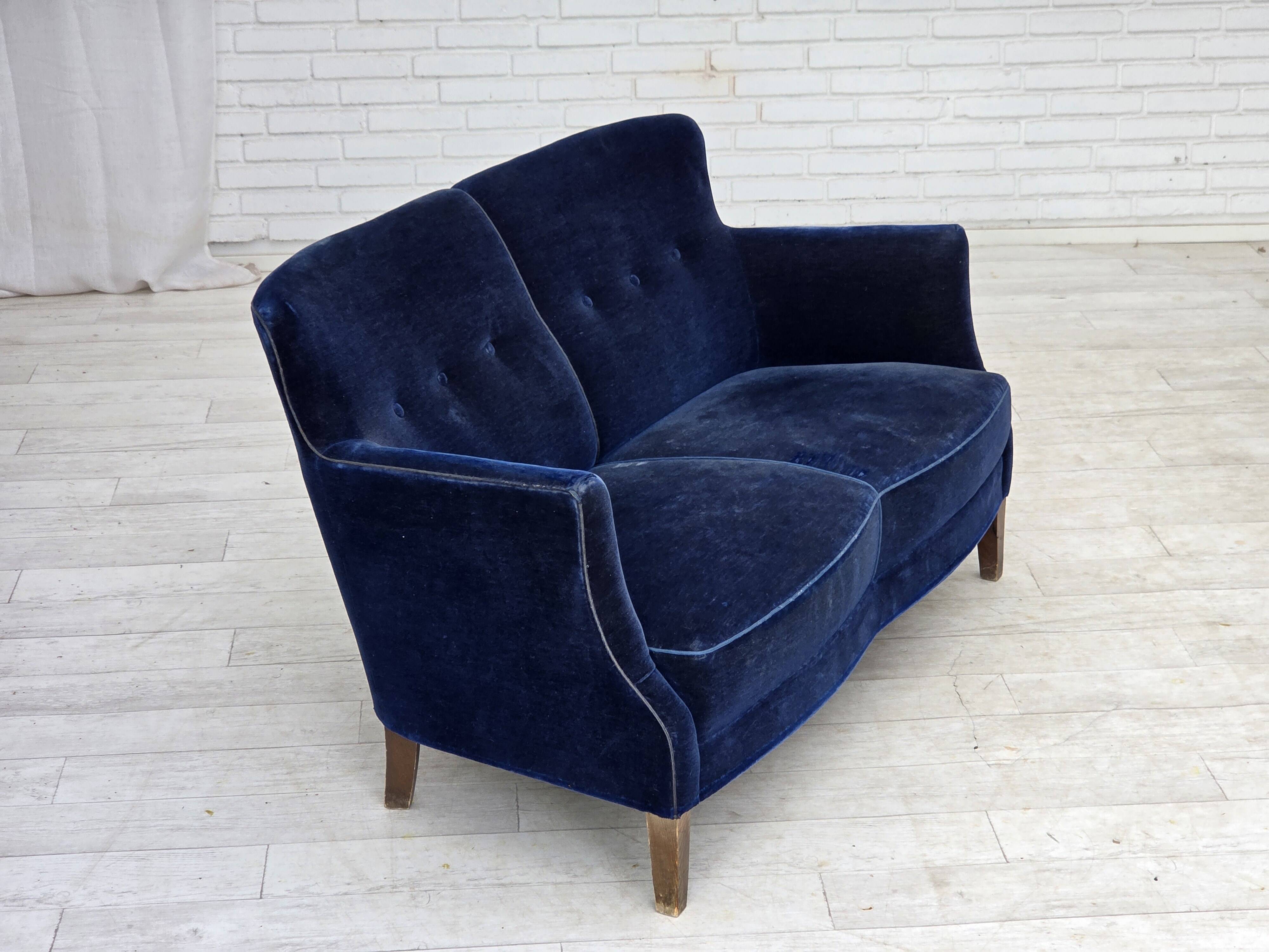 1960s, Danish 2-seater sofa. dark blue furniture velour.