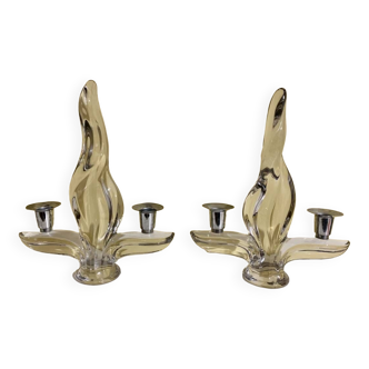 Pair of Glass and Metal Candlesticks Design 1970