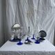 Set of 3 large blue stemmed glasses and 3 small blue stemmed glasses