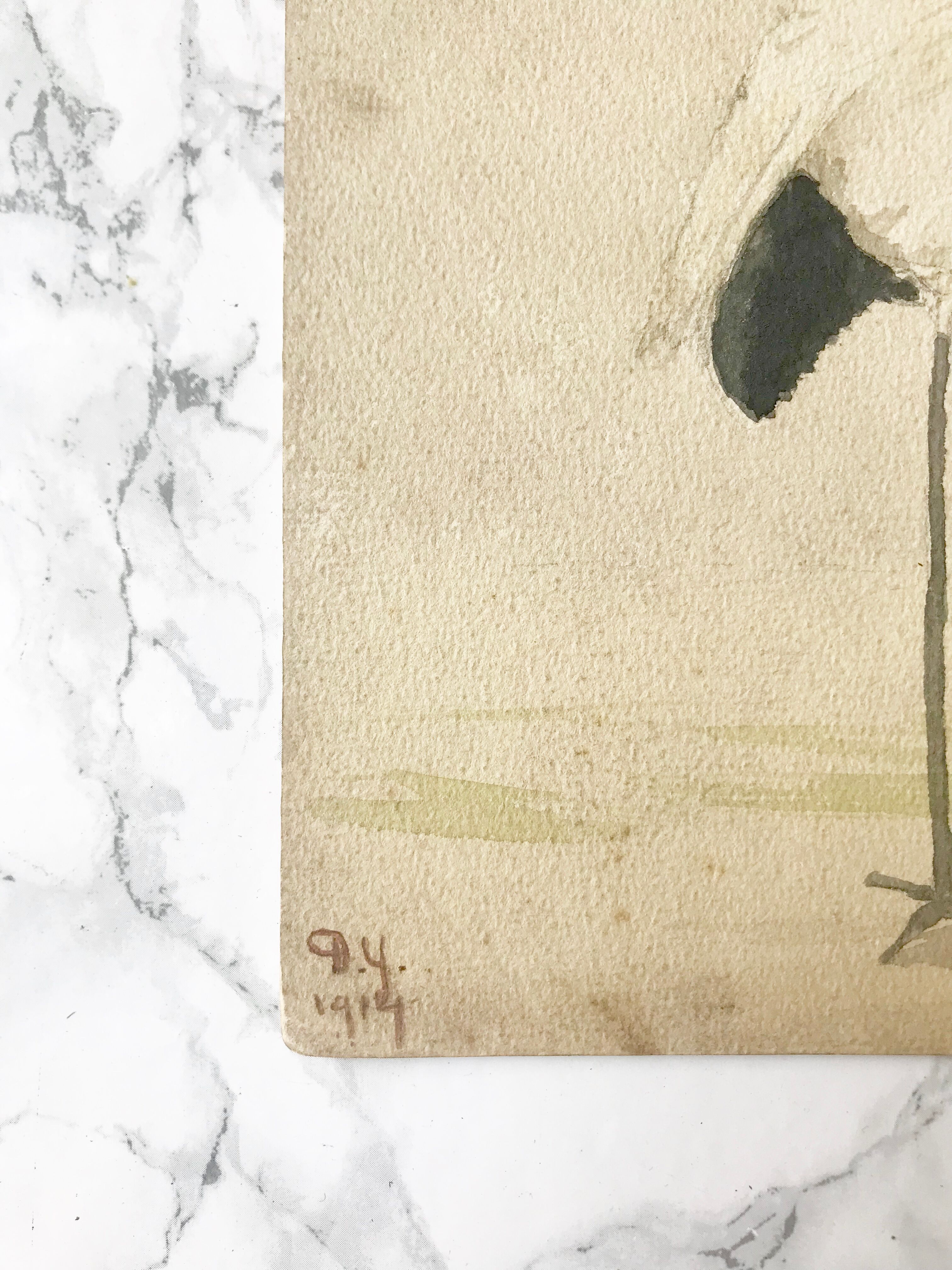 Ancient watercolor on cardboard featuring a wader