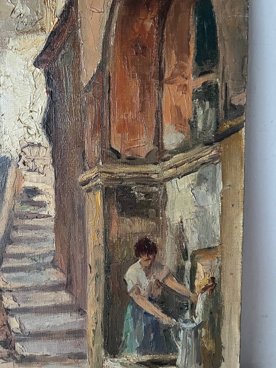 Scène de rue devant château, huile sur toile