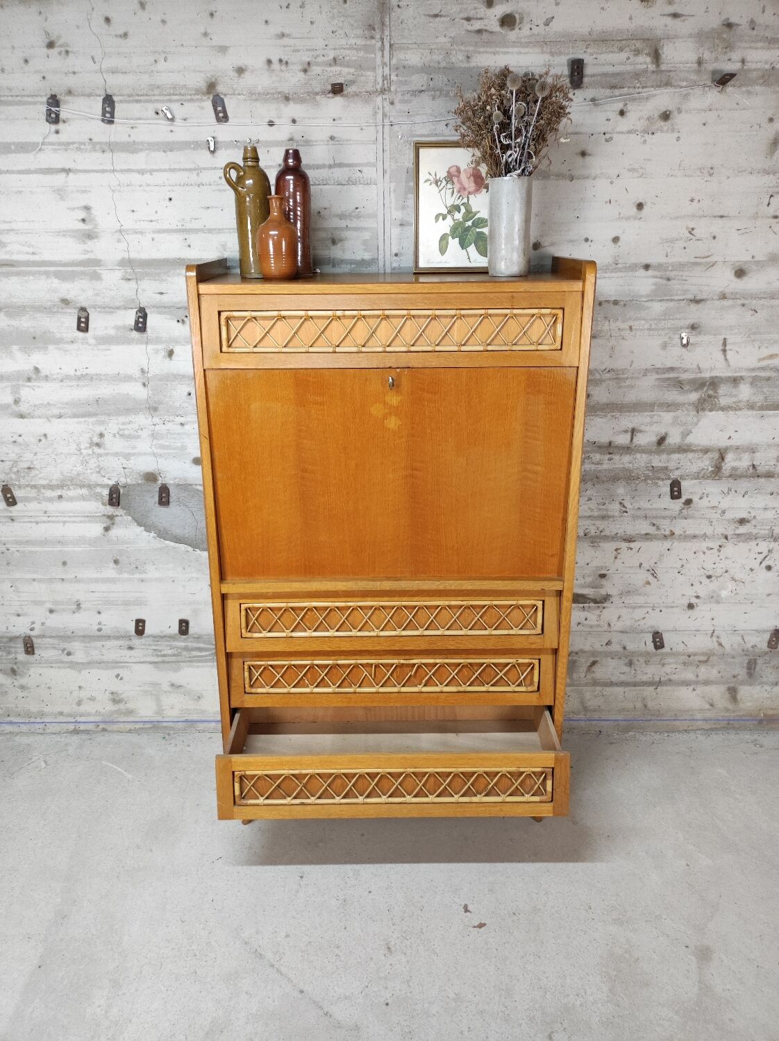 Vintage wood and rattan secretary