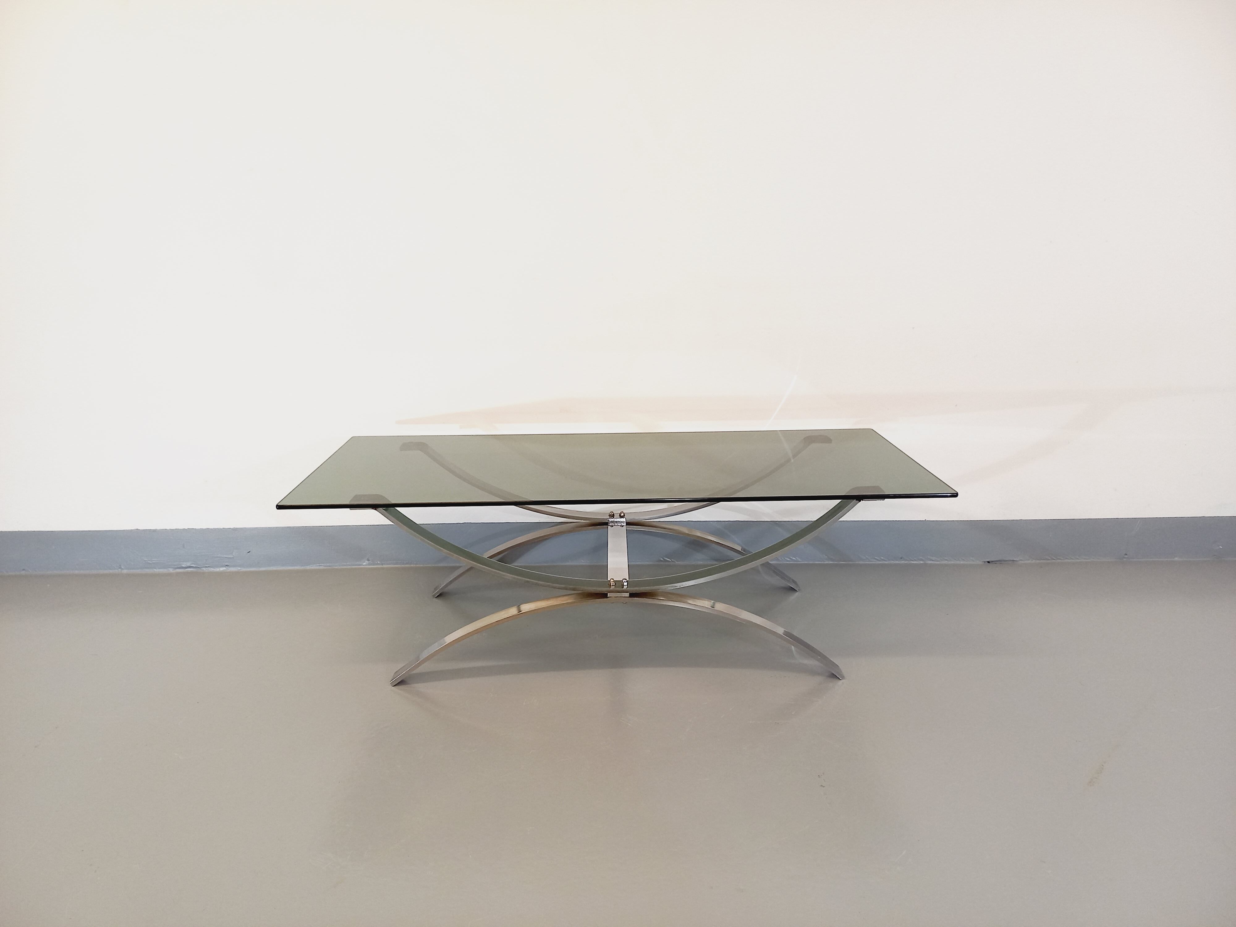 Vintage glass and chromed metal coffee table from the 70s