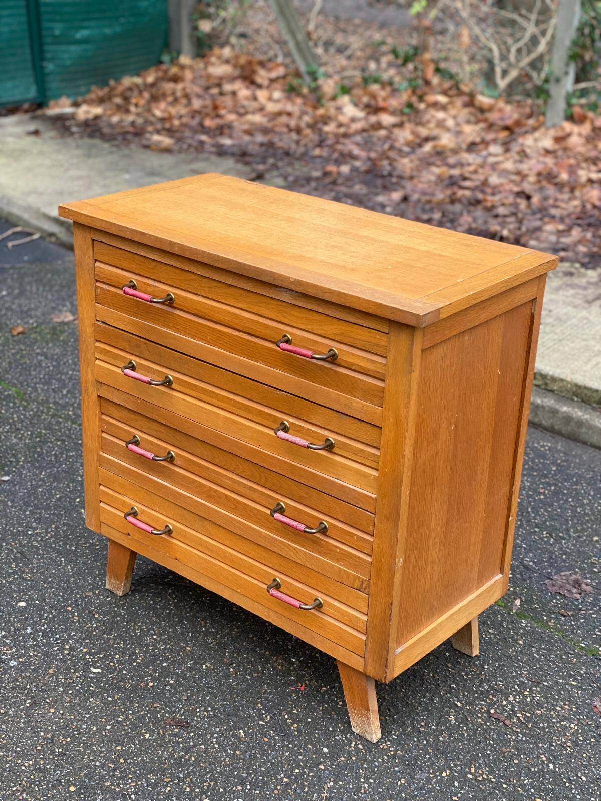 Scandinavian chest of drawers with compass legs, oak, 1950