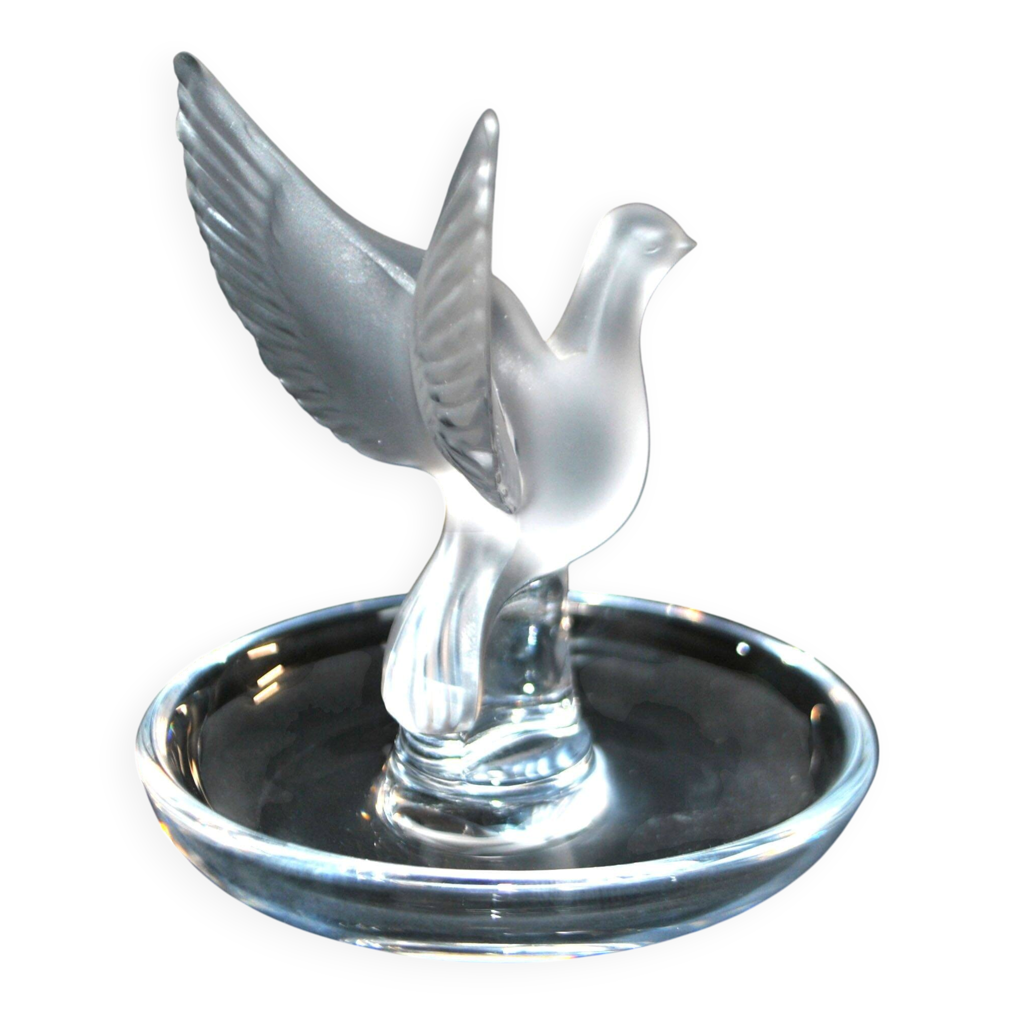 Lalique ashtray dish bird dove in frosted crystal and signed
