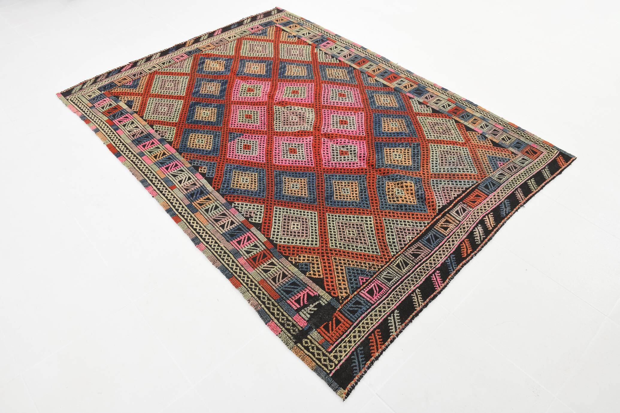 1955s Turkish Antique Pink & Blue Vintage Kilim Rug, 167x226Cm