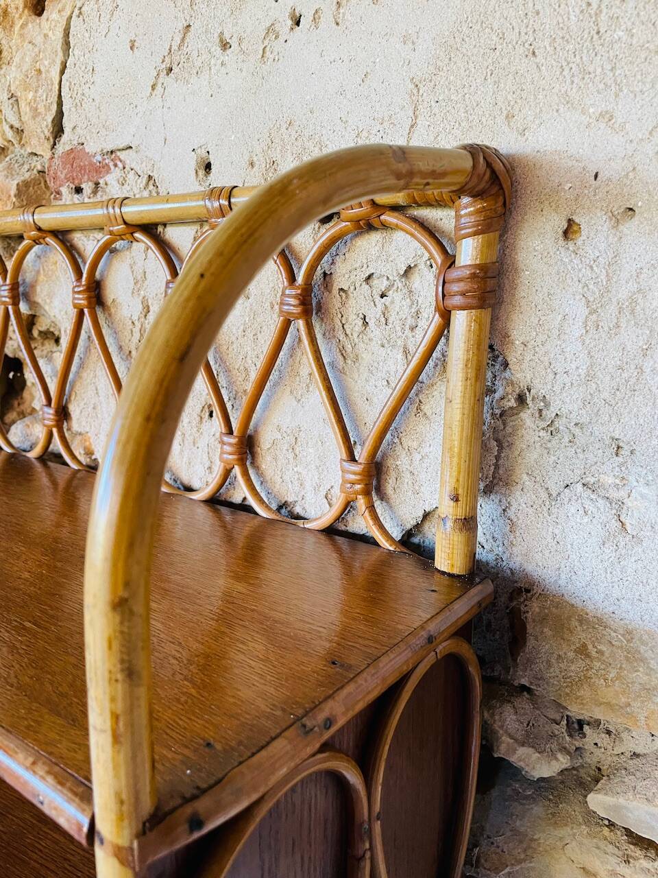 Vintage rattan and bamboo wall shelf with glass door cabinet, 1960s