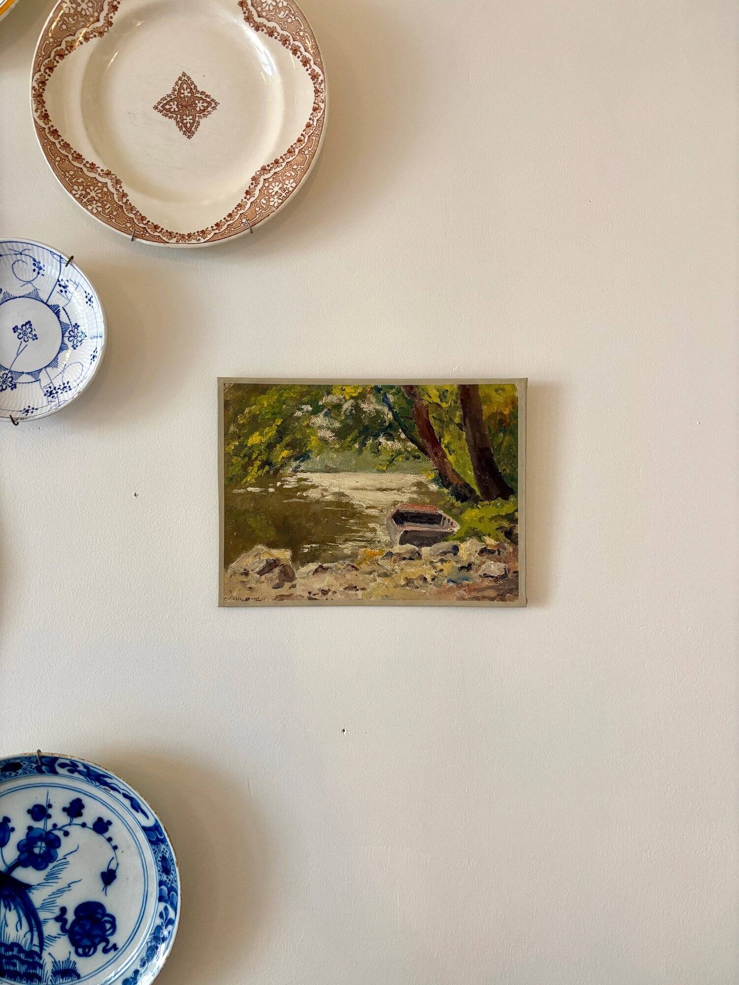 Oil painting on canvas "Forest, river and boat" no. 17