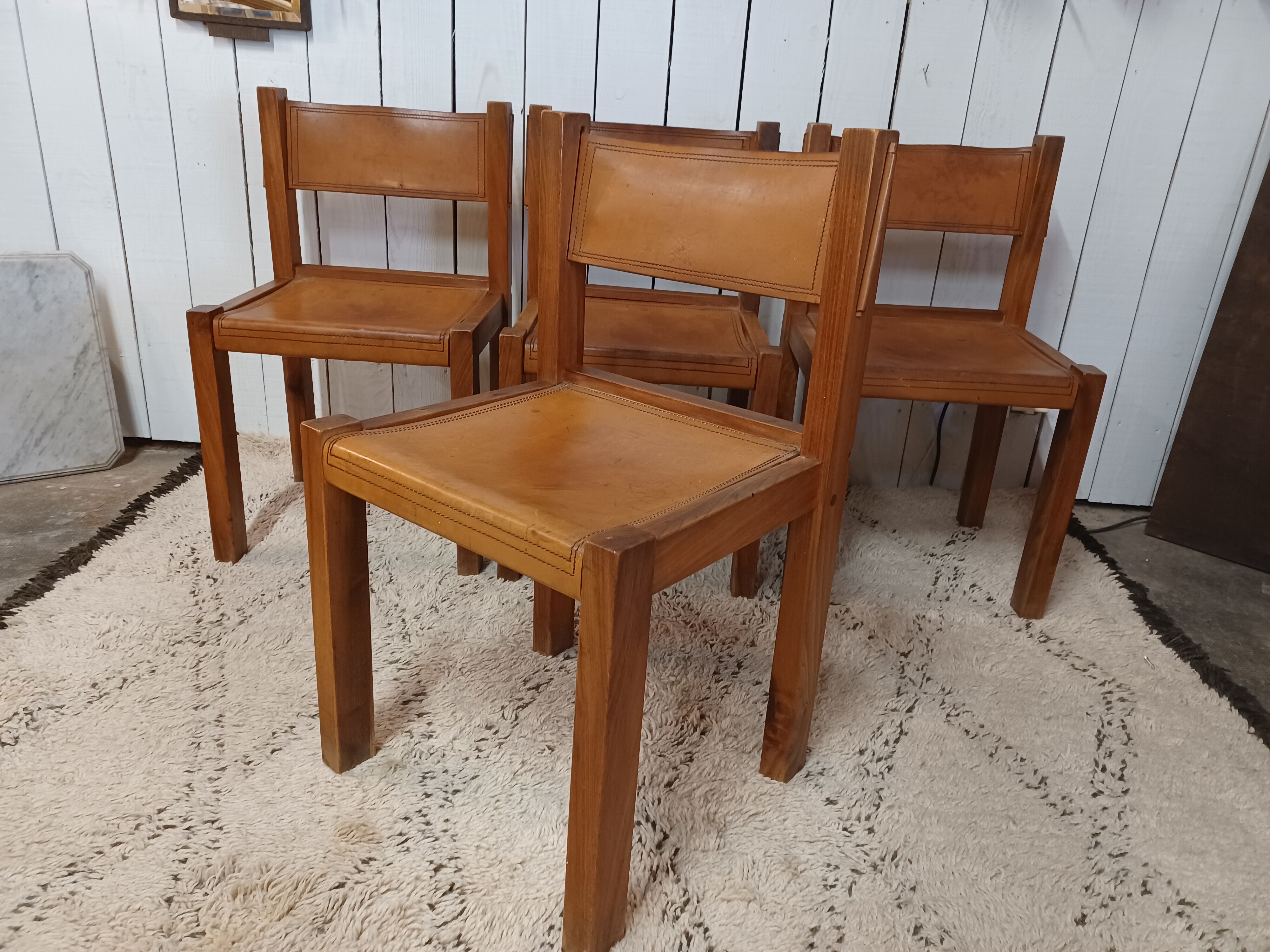 4 elm and leather chairs 1950