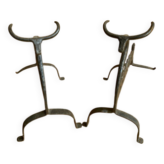 Pair of EDGAR BRANDT Bull Metal Black Fireplaces 50s Vintage