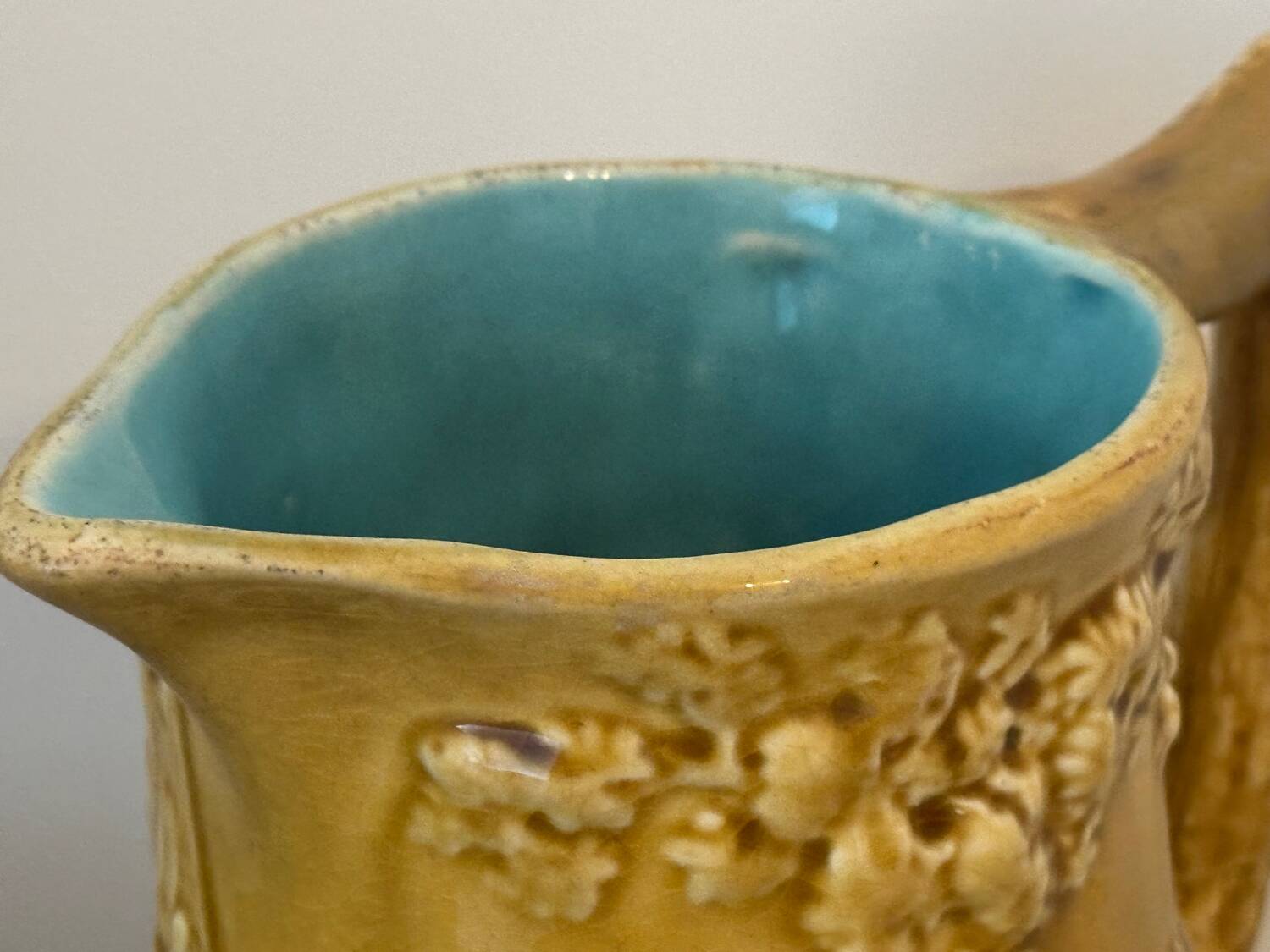 Old large Sarreguemines Majolica earthenware pitcher, vintage slip